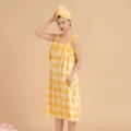 Coral fleece plaid bath towel dress with dry hair cap set for women adult wearable bath wrap. - Bath Skirt / Yellow