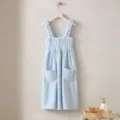 Light blue coral fleece wearable bath towel dress with straps, soft absorbent bathrobe. - One Size / Light Blue