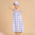 Purple white plaid coral fleece wearable bath towel dress and dry hair cap variant style view. - Purple