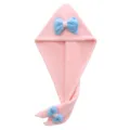 Pink microfiber dry hair cap with cute blue bow, highly absorbent and soft shower towel wrap. - One Size (26*65cm) / Pink