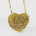 Heart-shaped crystal clutch bag detail featuring sparkling rhinestones and gold chain handle. - Small Stone Gold