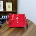 Red corduroy crossbody bag for women, stylish shoulder bag with crown pearl pendant. - Style 2
