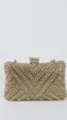Nahaufnahme einer glamourösen goldenen Strass-Abendtasche mit filigranem Kristall-Netzdesign. - Gold