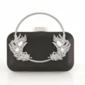 Schwarze Abendtasche Clutch mit silbernem rundem Griff und funkelnden Strass-Pfauenfedern. - 2306 Schwarz