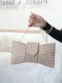 Elegant pearl beaded evening clutch bag with bow design and gold chain strap for women. - KB565 Gold