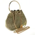 Glänzende goldene Strass Abendtasche mit Metallring Griff und eleganter Kette für Damen. - Gold