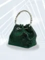 Green rhinestone evening bag detail, featuring a stunning crystal metal ring handle and chic chain. - Green