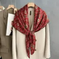 Elegante rode zijden sjaal voor dames, vintage bloemenprint vierkante sjaal en omslagdoek accessoire. - SJ440-JKF