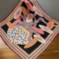 Silk square scarf with vibrant abstract geometric pattern and striped border for women. - SJ985-JKF