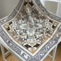 Detailed view of luxury silk square scarf with vintage animal pattern and elegant border style. - SJ1053-JKF