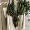 Green silk scarf women luxury botanical print square shawl autumn winter elegant fashion accessory - SJ457-JKF