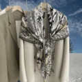 Elegant black and white silk scarf for women, large square floral print shawl winter. - SJ458-JKF