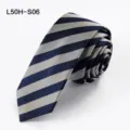 Detailed view of a classic navy blue and grey striped men's silk business necktie. - L50H-S06 (Blue Gray Striped)