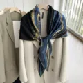 Silk scarf for women, elegant blue and black printed large square shawl for autumn and winter. - SJ459-JKF