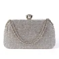 Glitzernde Strass Abendtasche Detailansicht, eleganter Kristallverschluss und Metallkette. - Silbernadel