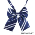 Detail shot of blue and white striped JK uniform bow tie, featuring clean stitching and zipper. - Bow / Blue and White Stripes