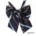 Navy blue JK uniform bow tie with pink and blue stripes, embroidered crown detail, detail view - Dark Blue Pink Light Blue Striped Style (MBT977P)
