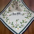 Detail shot of a mulberry silk square scarf with horse carriage and floral vine print design. - SJ1002-JKF