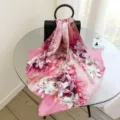 Mulberry silk large square scarf, pink floral print silky soft versatile neck scarf for women - Style SJ138-JKJ