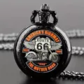 Vintage black quartz pocket watch with Route 66 motorcycle design for men necklace jewelry - Motorcycle (Black Case)