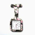 Floral silicone nurse watch with quartz movement, square dial and pocket fob clip design. - Black Floral