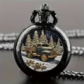 Vintage black pocket watch with carved winter truck design and matching chain detail shot. - Car (Black Case)