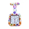 Square printed silicone nurse watch detail showing colorful floral pattern dial and quartz movement. - Colorful Flower