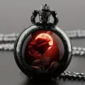 Vintage black metal quartz pocket watch detail showing red rose and moon dial design. - Red Rose (Black Case)