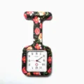 Floral silicone nurse watch detail featuring a square quartz dial and colorful floral pattern. - Black Colorful Floral