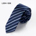 Detail view of a stylish blue striped silk necktie, perfect for formal business wear. - L50H-S08 (Dark Light Blue Striped)