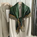 Exquisite silk square scarf featuring elegant green floral print and bold leopard border. - SJ465-JKF