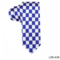 Gedetailleerd overzicht van de blauw-witte geruite smalle das met geometrisch patroon. - L50-A35