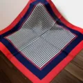 Close-up detail of the luxury silk square scarf featuring classic red, blue and white stripes. - SJ1115-JKF
