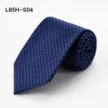 Men's silk business tie in dark blue featuring elegant white and light blue dashed patterns. - L85H-S04