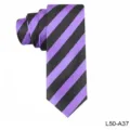 Close up of purple and black striped necktie fabric detail, smooth texture and clean finish. - L50-A37