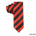 Detailed view of men's red and black striped narrow tie made from polyester silk fabric. - L50-A38