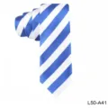 Close-up detail of a classic blue and white striped necktie, showing fine fabric texture. - L50-A41