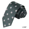 Dark green men's necktie with white daisy and red dot print, elegant vintage detail view. - Dark Green White Daisy Red Dot (L194P)