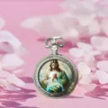 Vintage Jesus quartz pocket watch with floral background variant for men necklace - Person