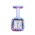 Silicone nurse pocket watch with square printed pattern, quartz movement and secure brooch pin. - Pink Blue Art