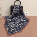 Detailed view of luxury mulberry silk square scarf with classic paisley print in dark blue. - Style SJ143-JKJ