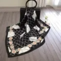 Black and white silk square scarf with floral print, luxury design for women styling and gifts. - Style SJ152-JKJ