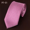 Close-up detail of the pink and white striped men's formal tie, showing fabric texture. - PT-C1