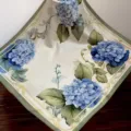 Blue hydrangea digital printed silk square scarf detail, elegant green border and vintage style. - SJ1027-JKF