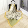 Exquisite silk square scarf with floral print and yellow border, soft texture, elegant detail. - Style SJ160-JKJ