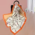 Silk square scarf for women, elegant floral print with orange border, versatile accessory. - Style SJ161-JKJ
