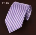 Detailed close-up view showing the elegant purple and white striped texture of the necktie. - PT-C5