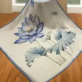Elegant blue lotus print mulberry silk square scarf, fine detail view for women fashion. - SJ1131-JKF