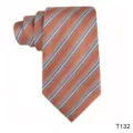 Close-up detail of the stylish orange striped polyester jacquard men necktie for casual wear. - Orange