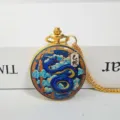 Gold Chinese zodiac pocket watch necklace with blue snake dial, retro quartz pendant gift. - Snake